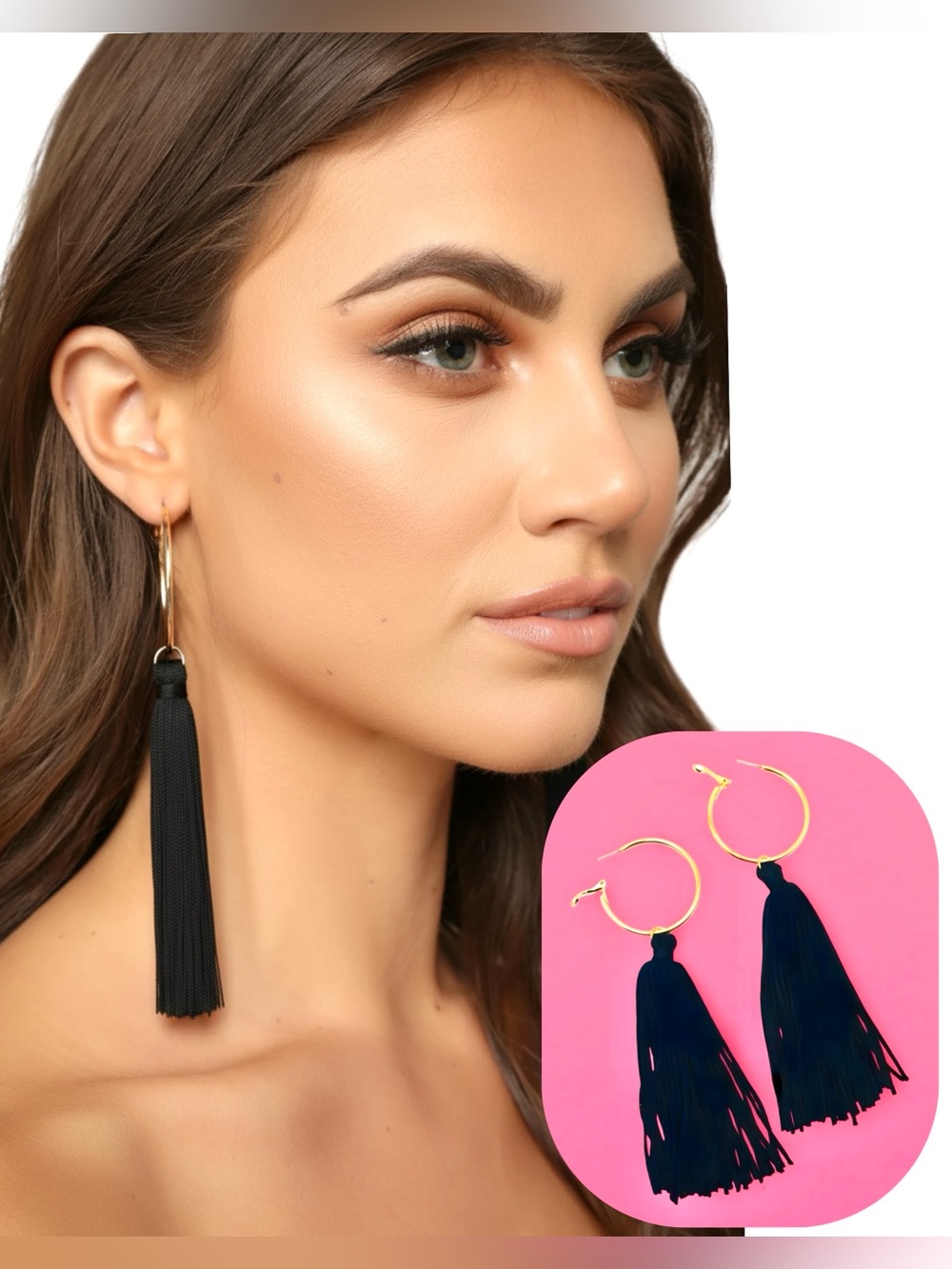 NWT✨ Extra Long Black Tassel Gold Hoop Earrings